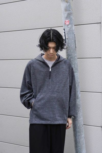 WOOLY DOBULE FACE HALF ZIP HOODED PULLOVER[TOP GRAY]