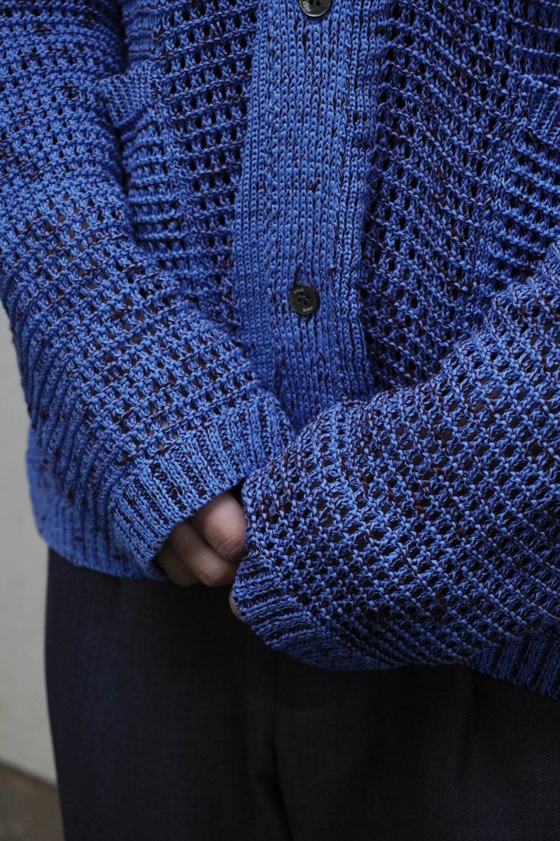 MESH KNITTED BUTTONED CARDIGAN[FOG BLUE]