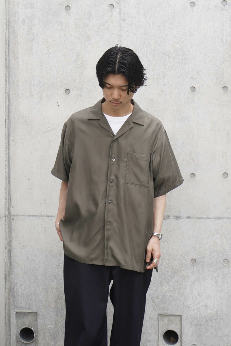 OVERSIZED CUPRO OPEN COLLAR SS SHIRT[GREY KHAKI] | 1LDK ONLINE STORE