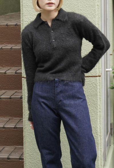 BRUSHED SUPER KID MOHAIR KNIT SHORT POLO[BLACK] | 1LDK