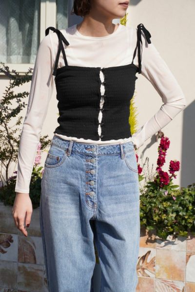 Cotton shirring camisole[BLACK]