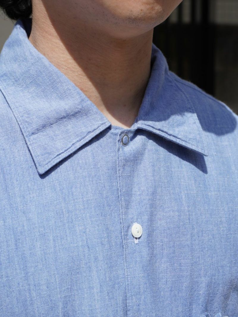 Unlikely Open Collar Work Chambray with Flower[INDIGO