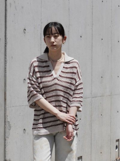 BORDER MESH KNIT SKIPPER POLO SHIRT[IVORY]