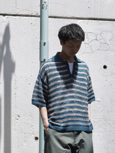 BORDER MESH KNIT SKIPPER POLO SHIRT[PEACOCK GREEN]