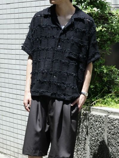 FRINGE CHECK TWEED OPEN COLLAR SHIRT[BLACK]